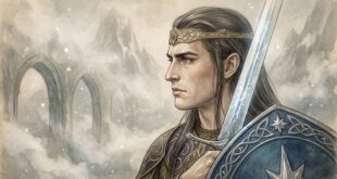 Alt Metin: Noldor'un Yüce Kralı Fingolfin gümüş zırhı ve kılıcı Ringil ile.