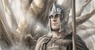 Faramir'i Kurtaran Minas Tirith Hisar Muhafızı Beregond Gondor'un Ak Ağacı'nın önünde.