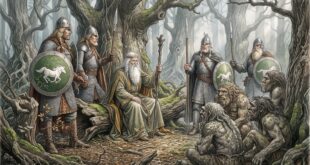 Ghân-buri-Ghân ve Drúedain, Théoden ve Rohirrim ordusuyla Drúadan Ormanı'nda konuşurken.