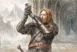 Miğfer Dibi ve Boruşehir savunması sırasında kırmızı kalkanlı ve siyah borulu Rohirrim komutanı Erkenbrand.