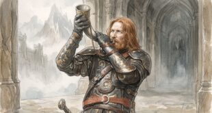 Miğfer Dibi ve Boruşehir savunması sırasında kırmızı kalkanlı ve siyah borulu Rohirrim komutanı Erkenbrand.