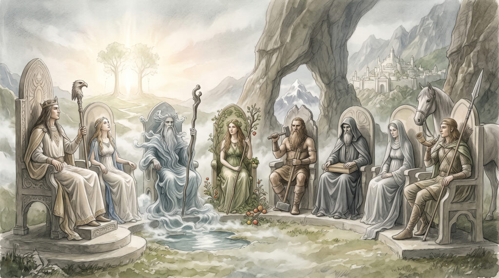 Valinor'da İki Ağaç ışığı altındaki Máhanaxar Hüküm Çemberi'nde toplanan Valar konseyi.