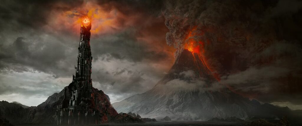 Barad-dûr kalesi ve tepesindeki Sauron'un Gözü
