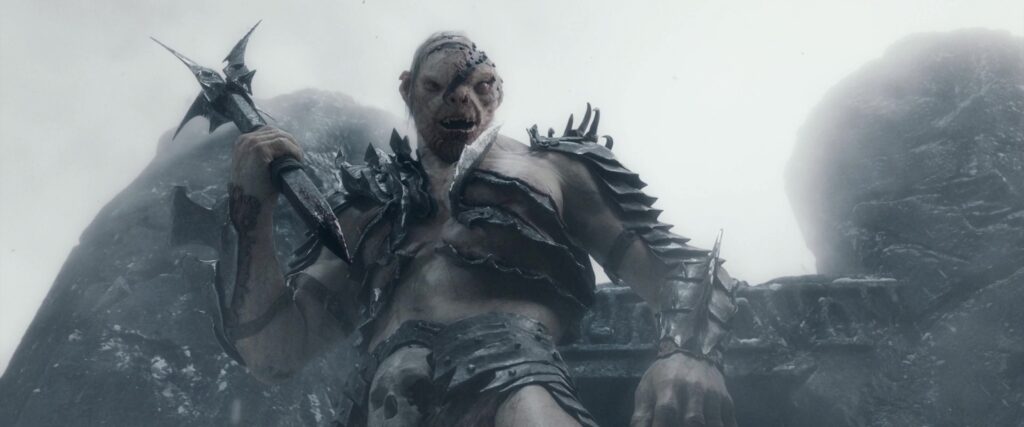 Çelik palasıyla savaşmaya hazırlanan Kuzeyli Gundabad Ork Reisi Bolg.