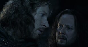 Ithilien Kolcusu Damrod, Komutan Faramir'e bilgi verirken.